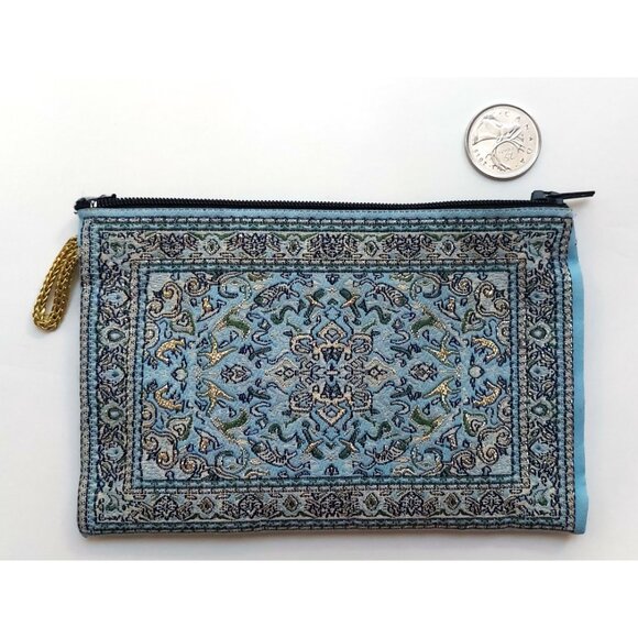 Blue and Gold Embroidered Small Zipper Pouch Wallet Oriental Ornate - Picture 3 of 5